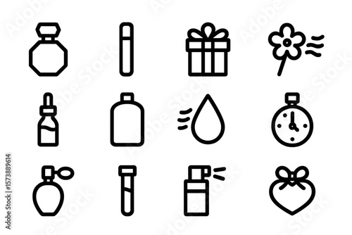 Minimalist black icon set featuring perfume, gift, and stopwatch designs
