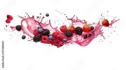 Fresh mixed berries create a vibrant splash of juice against a black background, ideal for food and beverage designs.