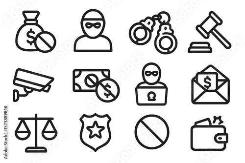 Crime and security linear icons featuring hacker, police, and surveillance themes
