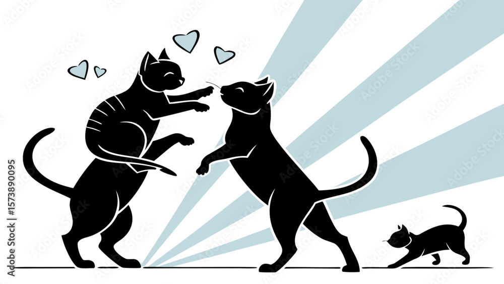 Naklejka premium International cat day 8 August 2025 , Group of black cat silhouettes in love and happy mood playing in blue white background vector illustration 