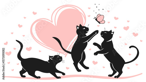 International cat day 8 August 2025 , Group of black cat silhouettes in love and happy mood playing  in pink white background vector illustration 
