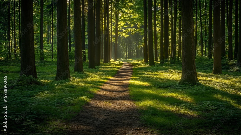 Obraz premium Sunlit path winds through a dense, verdant forest, creating a mystical and serene atmosphere. The light filters through the tall trees, casting long shadows on the mossy ground