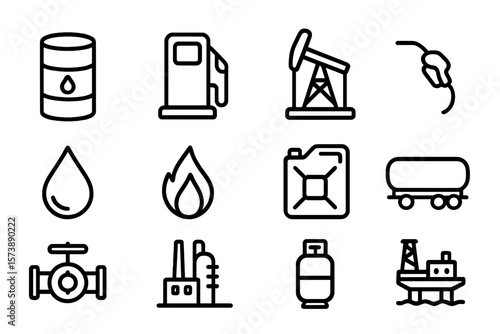 Monochrome energy icons: oil, gas, and fuel industry essentials