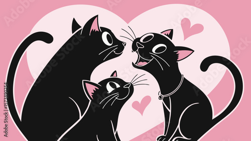 International cat day 8 August 2025 , Group of black cat silhouettes in love and happy mood playing  in pink black background vector illustration 