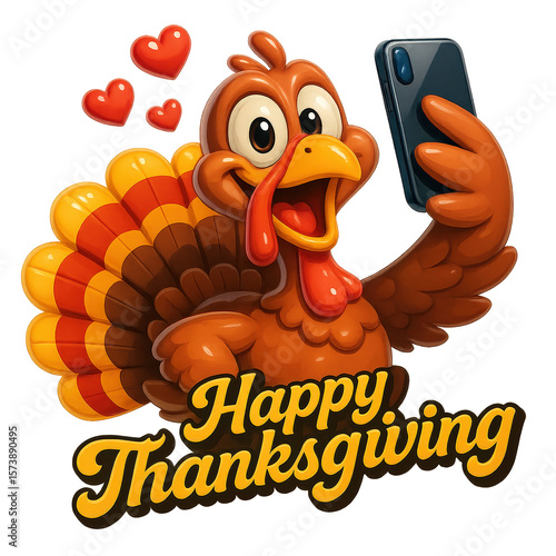 Funny cartoon turkey taking selfie with phone and hearts, Happy Thanksgiving modern holiday scene.