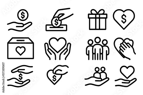 Charity and giving line icons: hands, hearts, and community symbols
