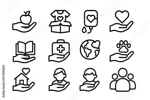 Charity and volunteer icons: simple line art for organizations and community support