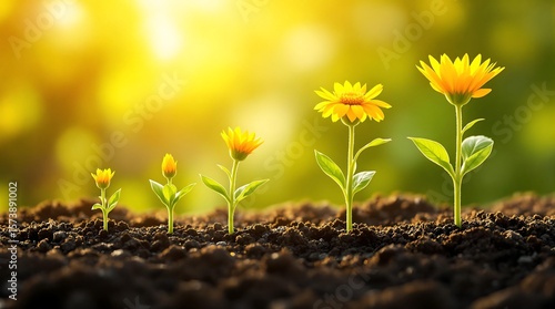 Fototapeta Naklejka Na Ścianę i Meble -  Flower growth stages from seed to bloom plant life cycle with sunlight and soil development process concept