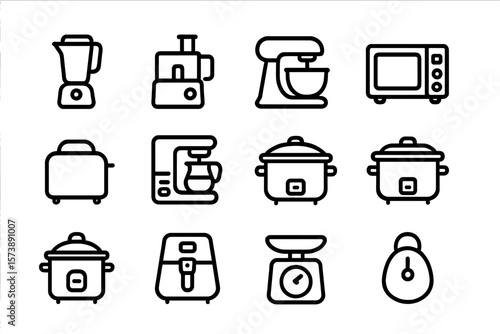 Minimalist kitchen appliance icons set with modern outline style