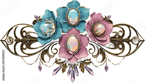 Exquisite Fantasy Floral Brooch with Opalescent Gems and Intricate Gold Details, Dark Background