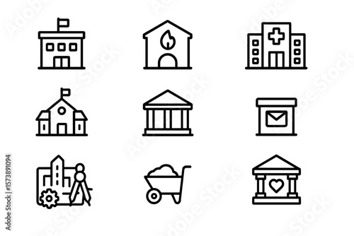Minimalist icon set of public buildings on black background
