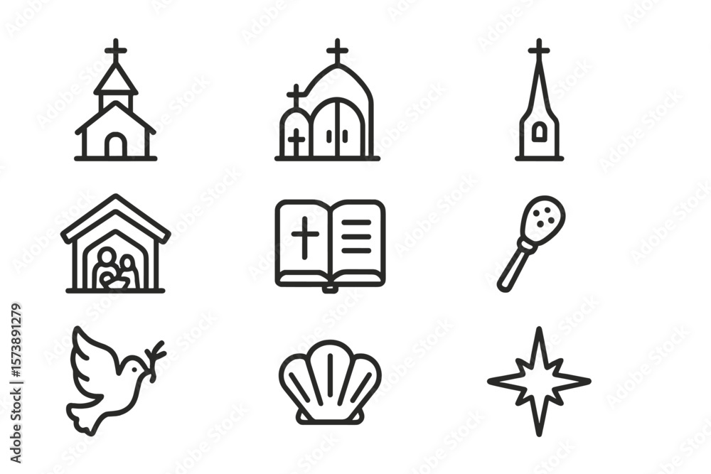 Minimalist religious icons set featuring church, bible, peace dove, and nativity Minimalist religious icons set featuring church, bible, peace dove, and nativity