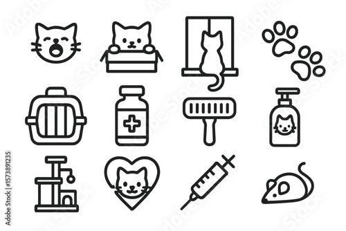 Cute cat icons: health, grooming, and play in outline style
