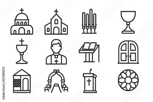 Outline icons of church architecture and religious symbols on dark background