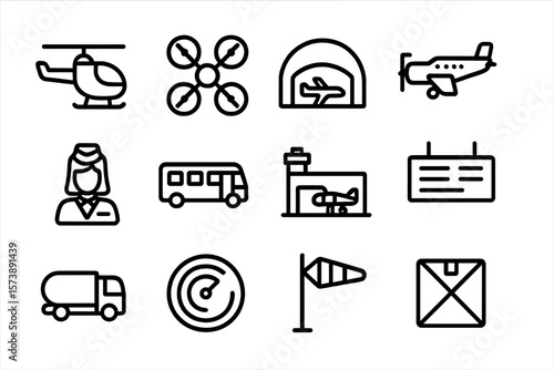 Airport icons set: transportation, navigation, flight, and aviation elements