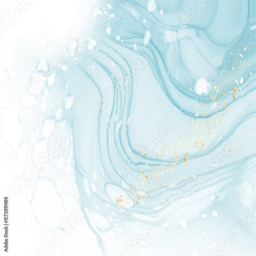 Abstract Soft Blue Alcohol Ink Wave with Golden Dust