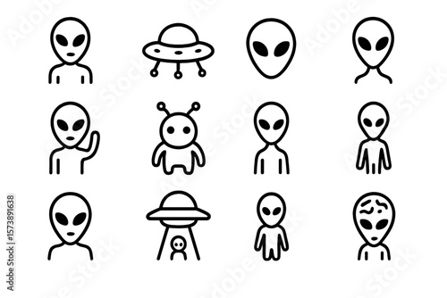 Minimalist alien icons with ufo symbols on dark background