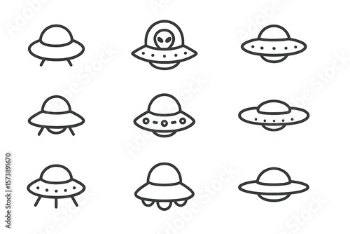 Futuristic ufo icons set: modern linear spaceship designs on gradient background