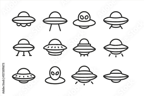 Minimalist ufo and alien icon set in black outline on gray background