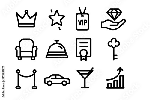 Luxury icons set with crown, star, vip badge, diamond, and more on black background