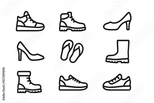 Outline shoe collection featuring various footwear types on dark background