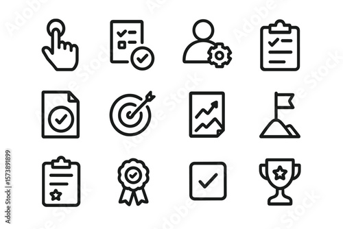 Minimalist icons representing business tasks and achievements on a dark background