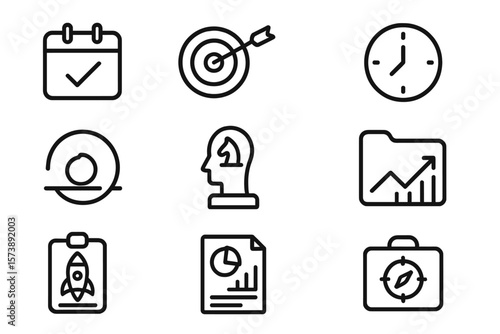Business management icon set featuring linear style symbols for planning and strategy