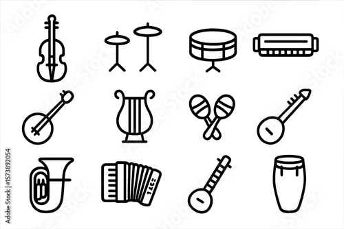 Outline icons of diverse musical instruments on dark background