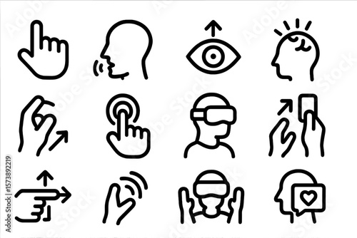 Interactive touch and gesture icons in minimalist style on black background