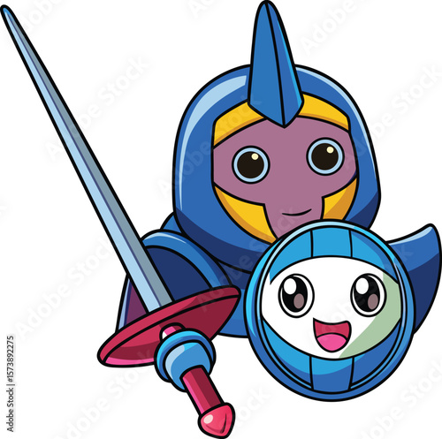  Kawaii fencing sword with face and tiny mask, cartoon combat sports vector on white background