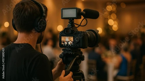 A photographer captures a live event using a professional camera setup, including audio equipment
