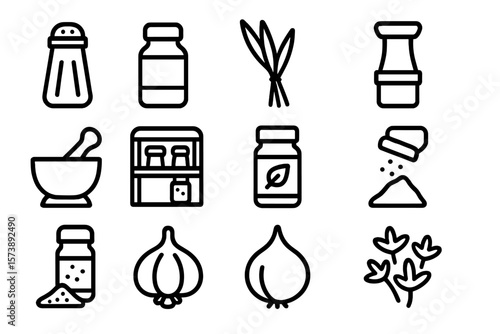 Set of linear spice and herb icons featuring salt shakers, garlic, and mortar and pestle