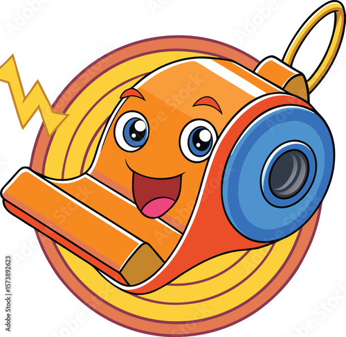 Kawaii sports whistle with sound waves and happy face, cartoon referee gear on white background