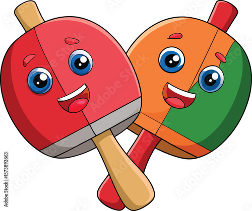 Kawaii table tennis paddle and ball with smiling faces, cartoon vector on white background