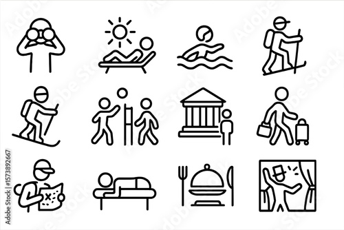 Vacation and leisure icons: travel, relaxation, sports, adventure, and dining