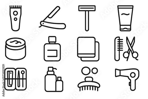 Minimalist grooming icons set featuring hair and beard care tools