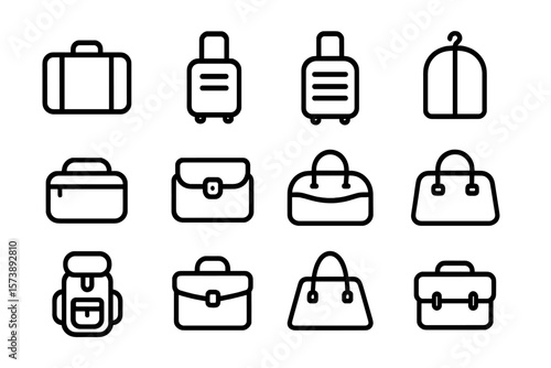 Set of minimalist luggage icons on dark background