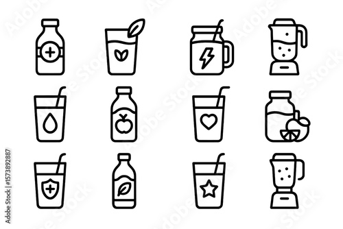 Minimalist icons of healthy drinks and smoothies on dark background