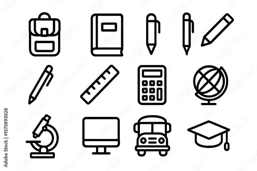 Minimalist school icon set featuring education tools and symbols Minimalist school icon set featuring education tools and symbols