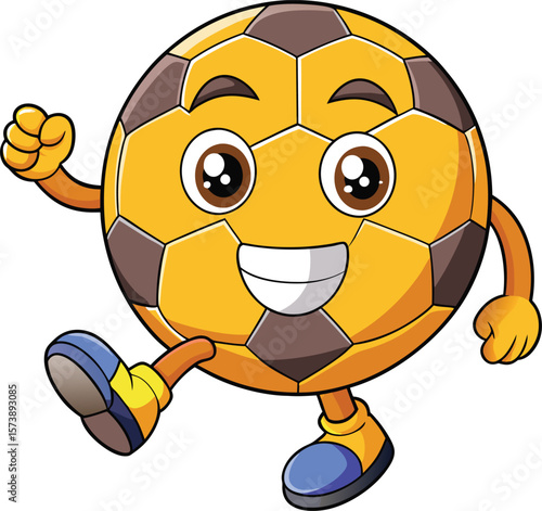Kawaii soccer ball with smiling face and running legs, cartoon sport object on white background