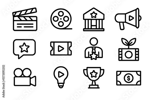 Entertainment industry icons: awards, media, and creative concepts in linear style