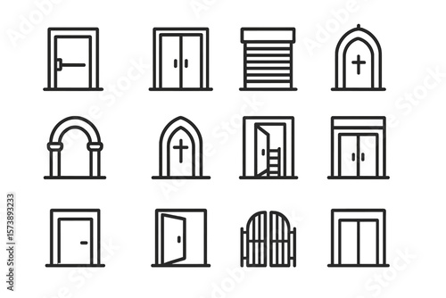 Set of diverse door icons in linear style on dark background