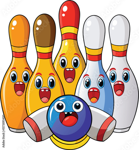 Kawaii bowling pins reacting to a rolling ball, cute cartoon sports vector on white background