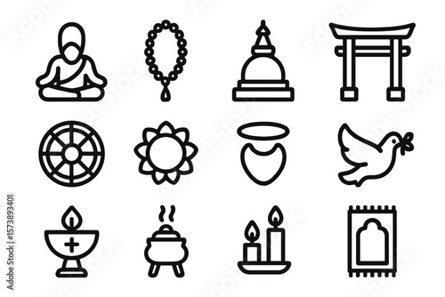 Linear icons of meditation and spiritual symbols on dark background