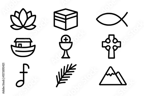 Minimalist religious symbols collection on dark background