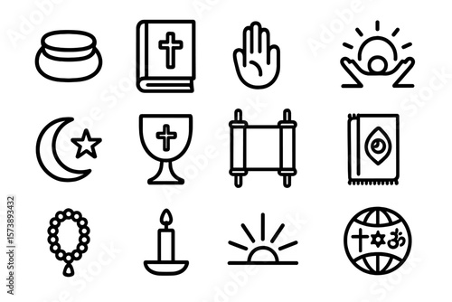 Minimalist outline icons of religious symbols and sacred texts on dark background