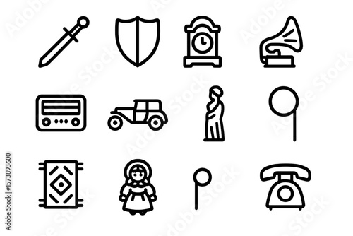 Vintage icons collection featuring retro technology and antiques in linear style