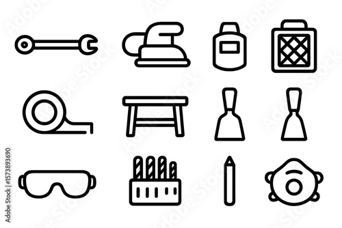 Outline icons of workshop tools on dark background for diy and carpentry