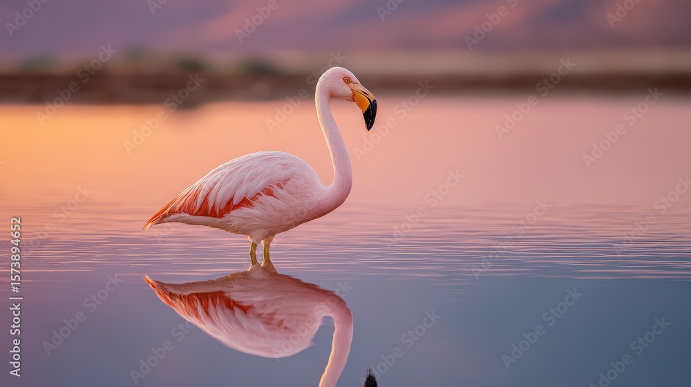 Fototapeta premium A serene flamingo stands gracefully in tranquil waters, reflecting the colorful sky during sunset.