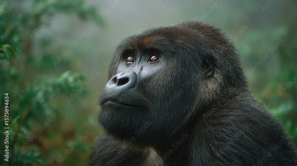 Obraz premium A thoughtful gorilla gazes into the distance, surrounded by lush greenery in a misty environment.